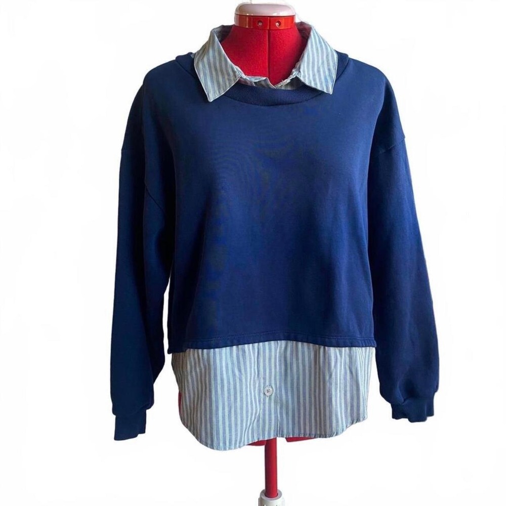 Maeve Anthropologie Navy Cotton Crewneck Sweatshirt Twofer Top size medium